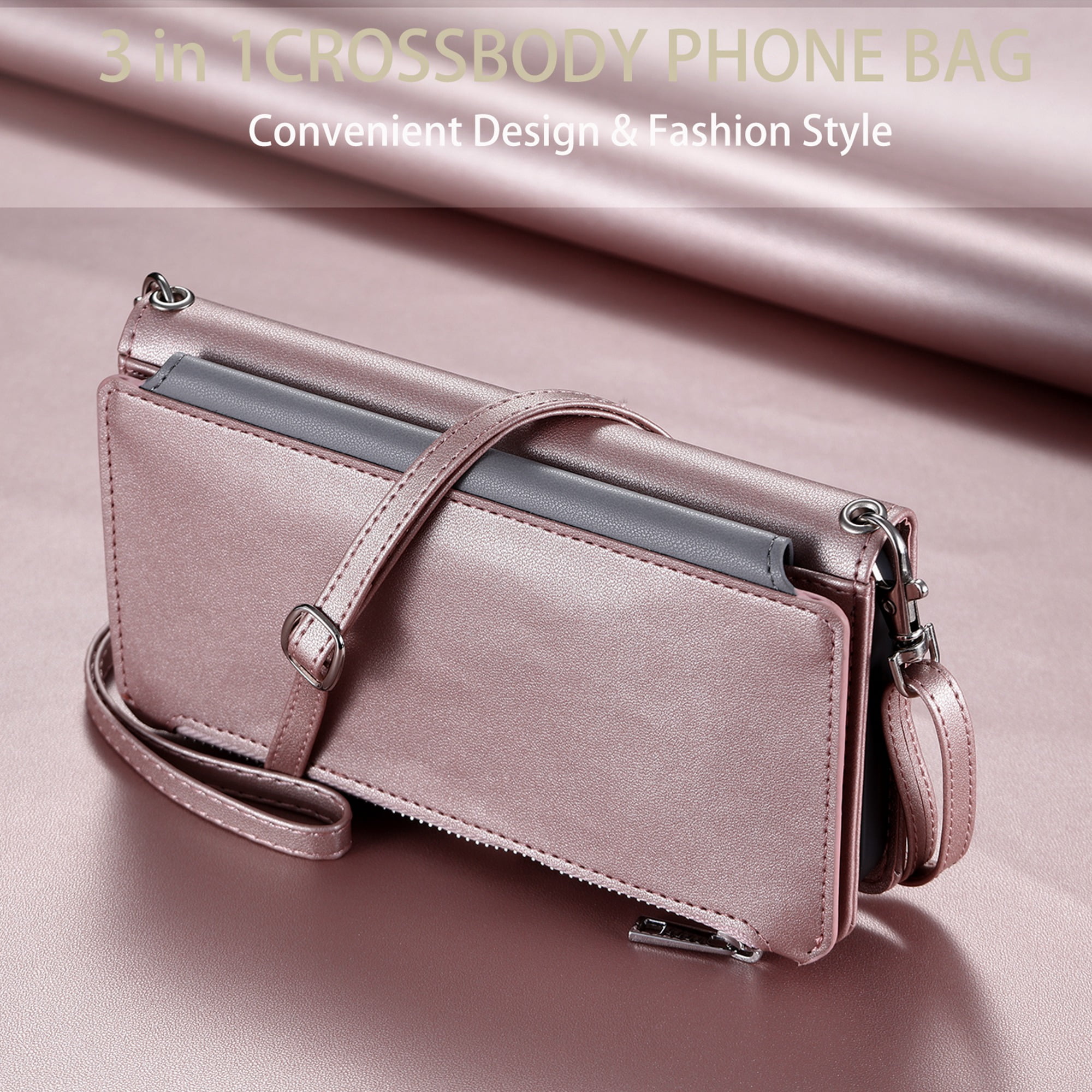 Dteck for Samsung Galaxy A14 5G Wallet Case, Crossbody Zipper Purse with Wrist for Women Men, 8-Card Slots Holder PU Leather Kickstand Flip Cover Phone Case,Rosegold