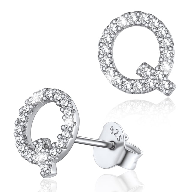 Pendientes pequeños de plata esterlina Silvora con inicial de circonita cúbica letra Q regalo de cumpleaños Navidad