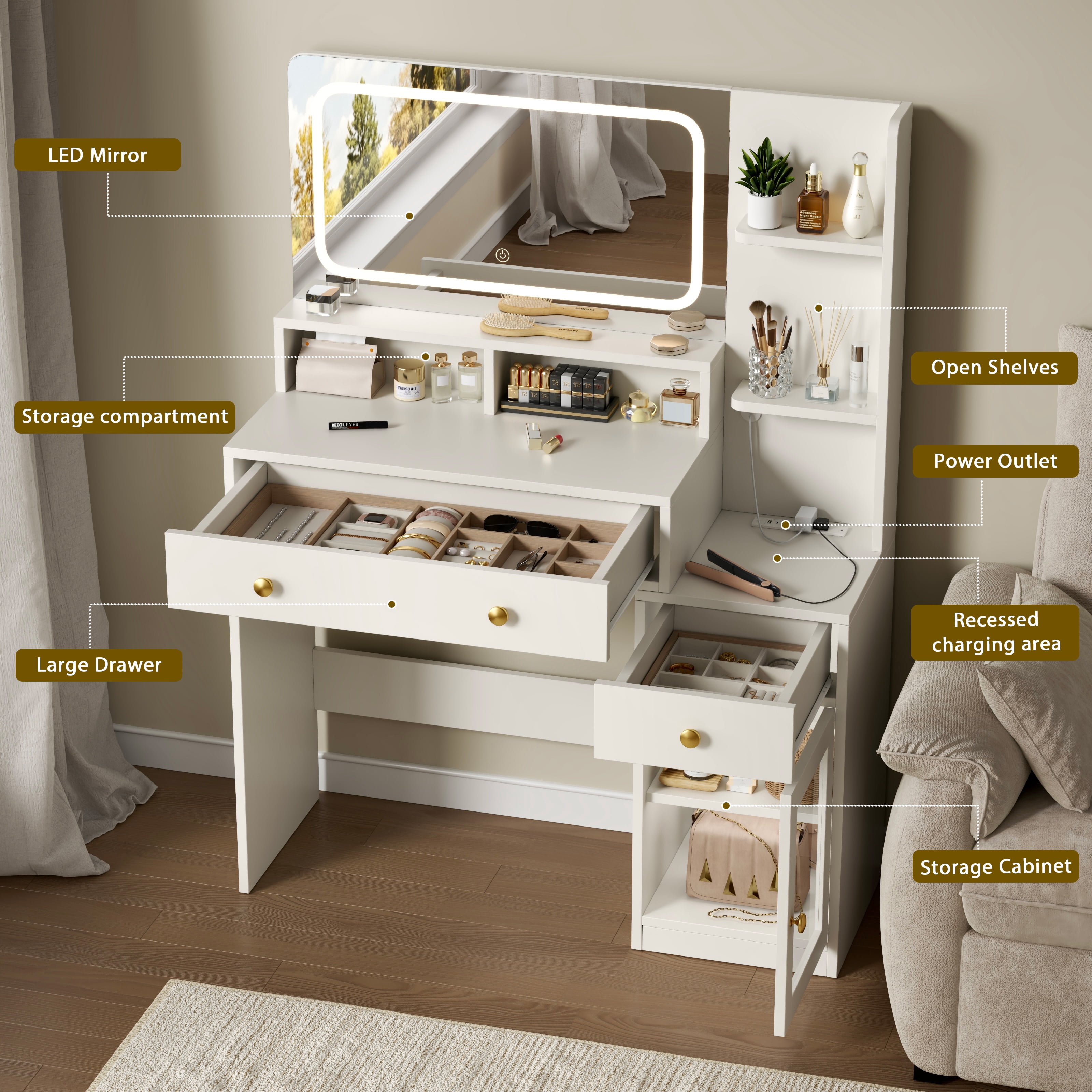 Satifur Modern LED Vanity Desk with Charging Station & Storage & LED Mirror, White Makeup Table for Bedroom