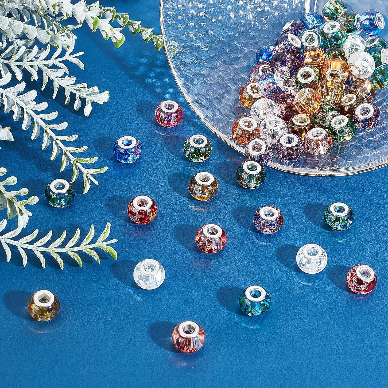 1box Spray Painted Glass European Beads with Silver Brass Cores Large Hole Beads Rondelle Mixed color 15x12mm Hole: 5mm about 100pcs/box