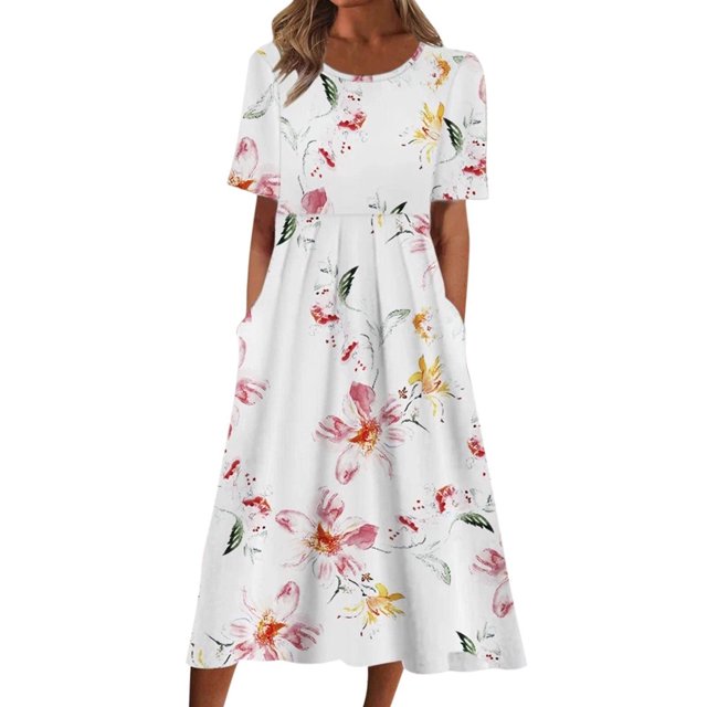 ZAXARRA Robe Longue pour Femmes, Élégante Robe d'Été Décontractée à Manches Courtes Col Rond Imprimé Fleur/encre