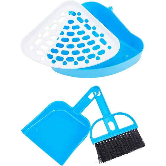 1 Set Toilet for Rabbit Bunny Litter Box Sets with Triangle Potty Trainer Corner Litter Box and Mini Broom Brush and Dustpan for Guinea Pig Ferret Chinchillas Rabbits Blue