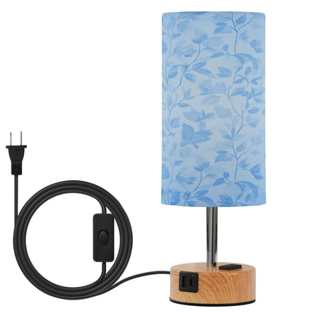 Touch Control Table Lamp with Wood Grain Metal Base 3 Color Temperature Adjustable LED Eye Caring Desk Lamp for Bedroom Study Fresh Blue Floral Pattern