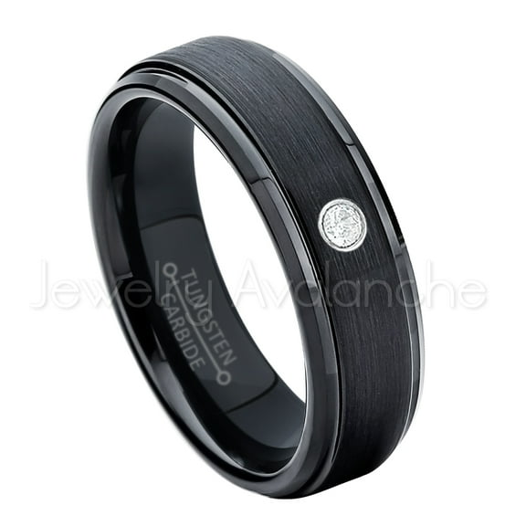 6mm Brushed Black Tungsten Ring - 0.07ct Solitaire Diamond Ring - Personalized Tungsten Wedding Ring - Custom Made April Birthstone Ring TN085BS
