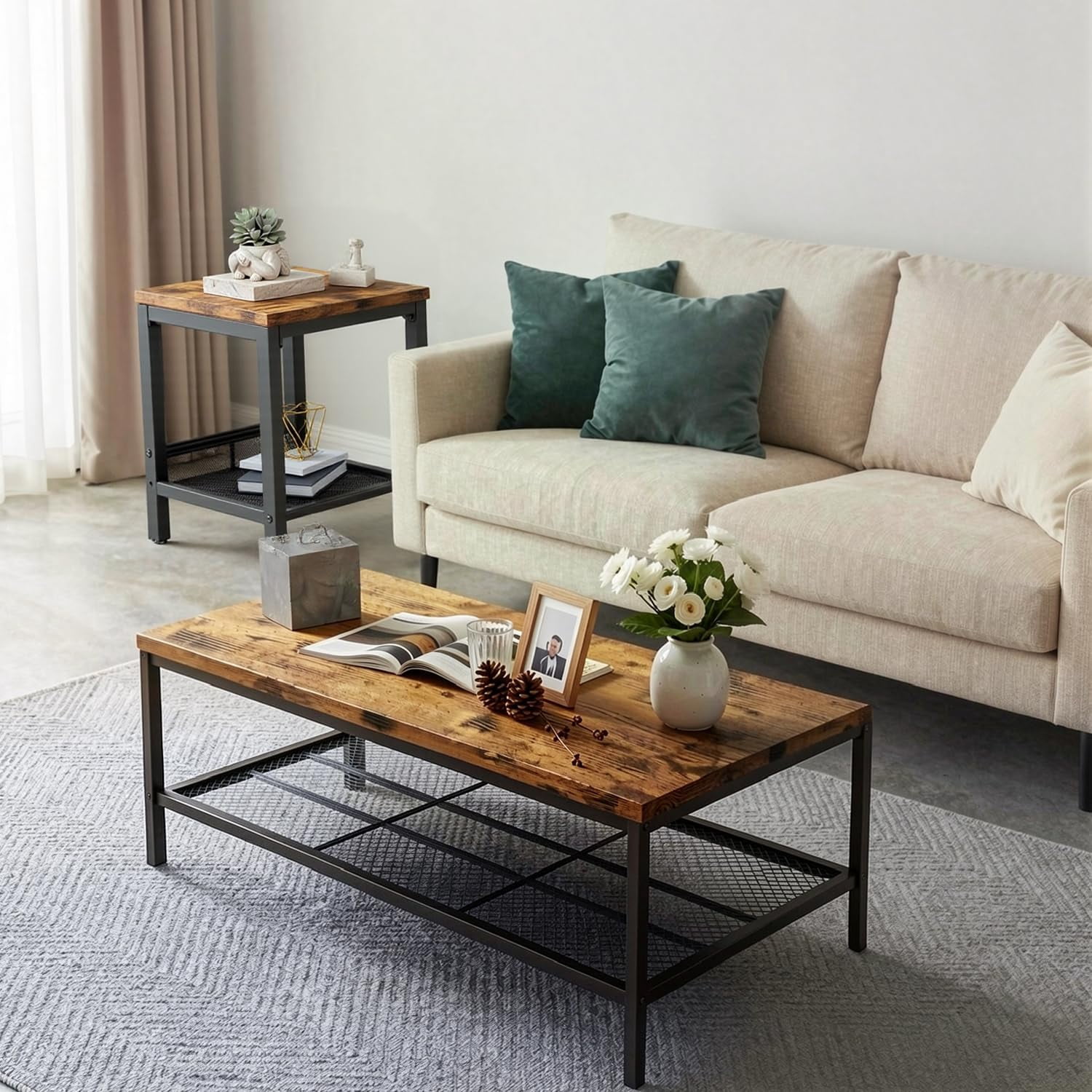 Lamerge Storage 3 Piece Modern Living Room Wooden Industrial Coffee Table Set，Brown