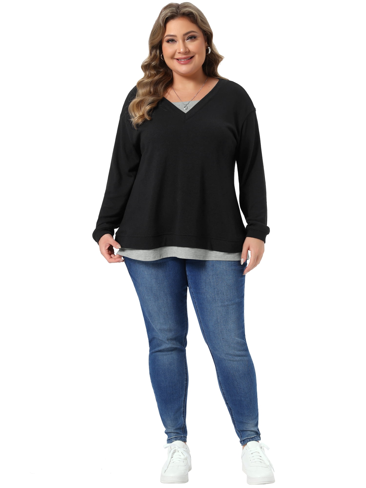 DARING DIVA Women's Plus Long Sleeve V Neck Sweaters Pullover 4X Black