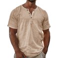 thumbnail image 2 of Men's Summer Solid Color Henley Neck Short Sleeve Shirt Casual Lightweight Breathable Button Placket Tops Loose Fit Comfortable Blouse, 2 of 4