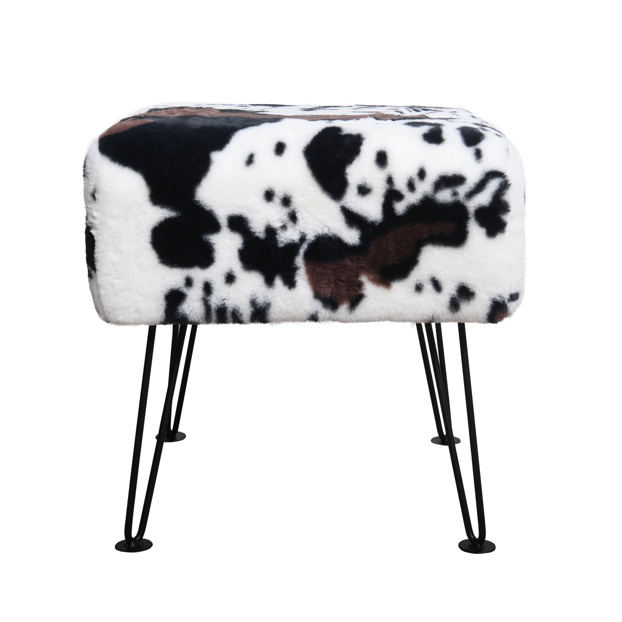 Home Soft Things Faux Fur Ottoman - Cows Flowers - Black Leg - 17x17x17"