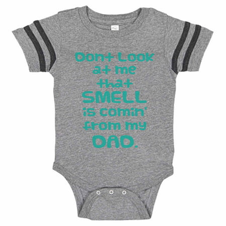 Kids Funny Baseball Onesie “Don't Look At Me That Smell Is Comin' From My Dad.” Silly Gift For Dad, 3-6 months, Grey & Black Short Sleeve