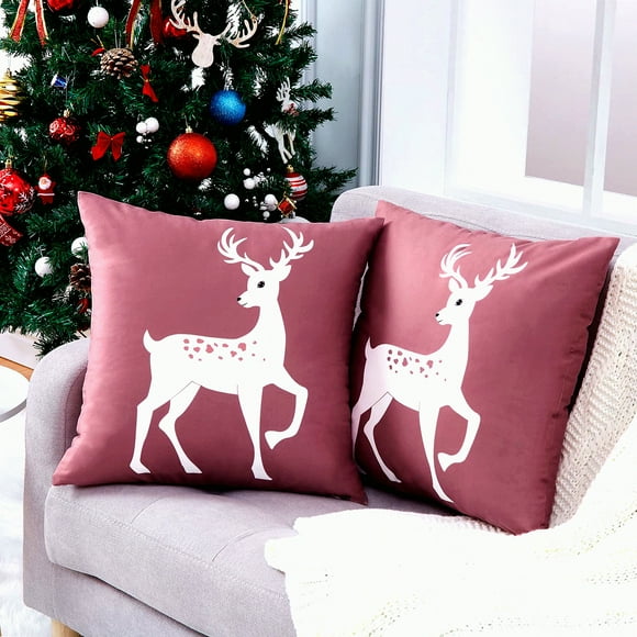 Winter Wonderland Deer Pillow Covers - Set of 2 Farmhouse Decorative Cushion Cases 20 x 20 Inch for Bedroom & Home Couch, Rustic Xmas Holiday Theme in Pink Color Palette