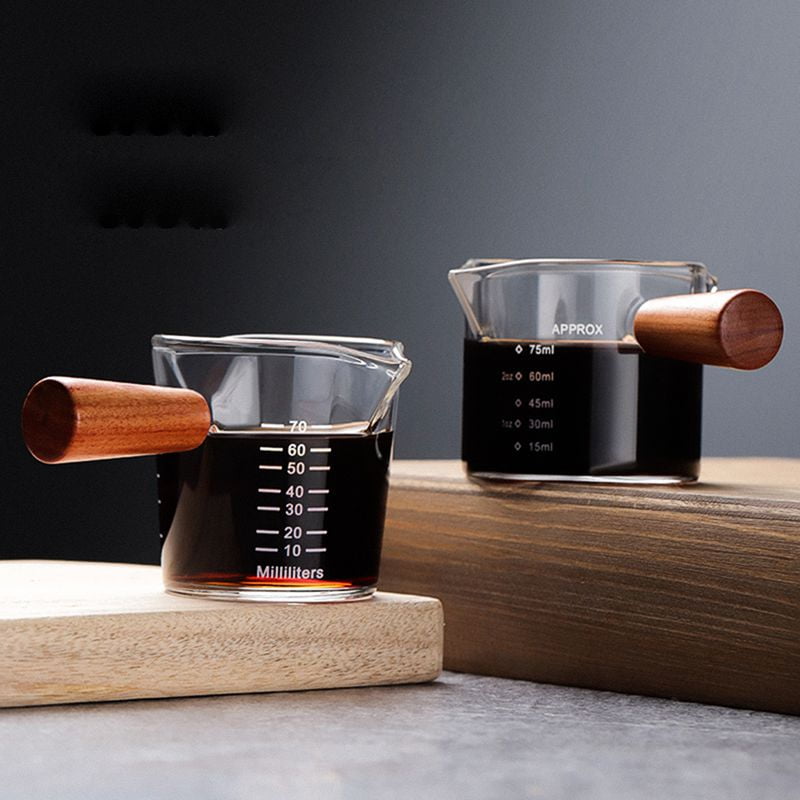 Double Spouts Measuring Short Cup Coffee Espresso Pitcher Milk Cup  Heat-resisting Glass Scale Measure Jug Mugs Wooden Handle