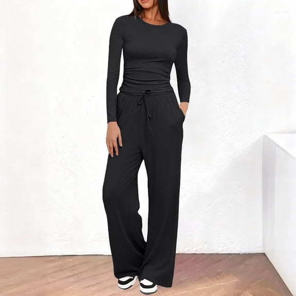 GILIGEGE Women's 2 Piece Matching Lounge Sets,2026 Fall Casual Outfits,Airport Travel Outfit,Athleisure Workout Set,Fall Fashion Staple,Long Sleeve Ruched Top & Drawstring Wide Leg Pants Sets Black
