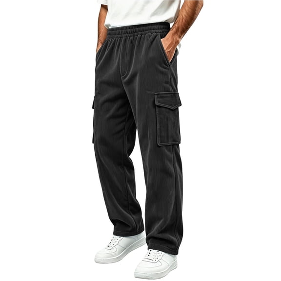 MXALUOB Men's Corduroy Pants Cargo Textured Drawstring Trousers with Flap Pockets Ribbed Wide Leg Elastic Waist Casual Pant for Winter