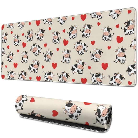 Long Mouse Pads for Desk,Beige Cow Heart Pattern Desk Mats on Top Of Desks, Desk Mouse Pad Extra Large with 3mm Non-Slip Base and Stitched Edge for Gaming,Office,Work,Home 31.5"x11.8"