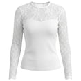 thumbnail image 4 of Sexlip Women Long Sleeve Floral Sheer Lace Panel Top Crew Neck Sweetheart Solid Front Fitted Stretch Skinny Elegant Date Night Layering Base Blouse White L, 4 of 9