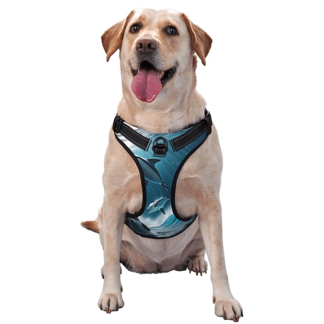 Sikiie Ice Blue Ocean Cute Dolphin A Pattern Pet Traction Vest, No-pull Adjustable Buckle Reflective Dog Harness, Suitable for Small, Medium and Large Dogs-Medium