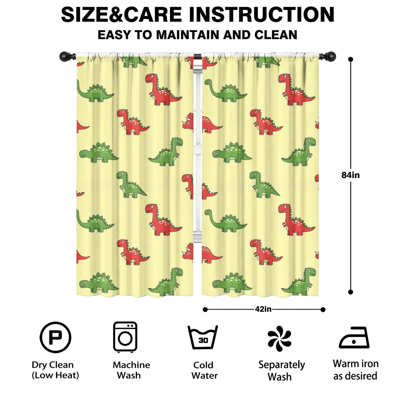 Blackout Kids Curtains,Yellow Cartoon Dinosaurs Pattern Childrens Insulated Curtains Set Of 2,Bedroom Essentials,Toddler Room Decor 42"x84"