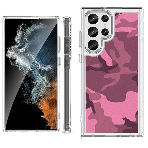 Shockproof Bumper Phone Case for Samsung Galaxy S23 Ultra 5G, by OneToughShield ® - Camo Pink