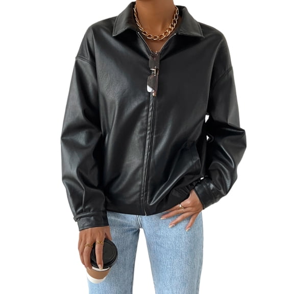 Leather Jacket Top Motorcycle Leather Jacket for Women Solid Lapel Collar Jacket Womens S