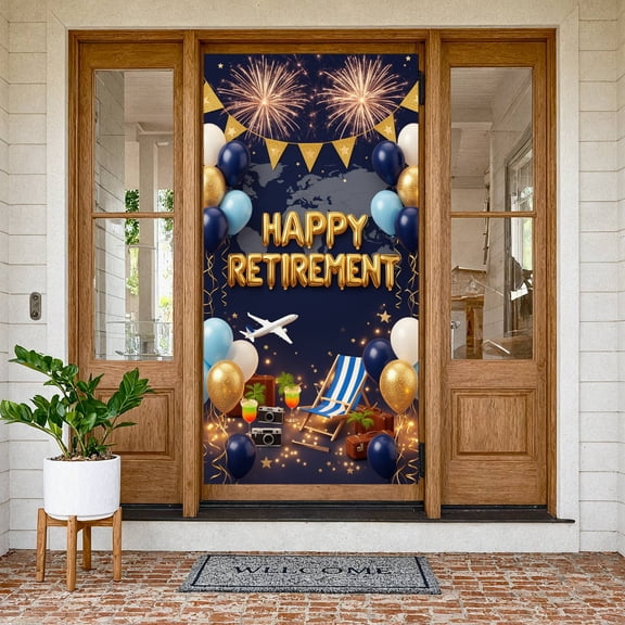 Golden Foil Retirement Banner Navy Blue Celebration Backdrop Travel-themed Gold Glitter Party Display for Retirement Party Family Gathering Photo Shoot