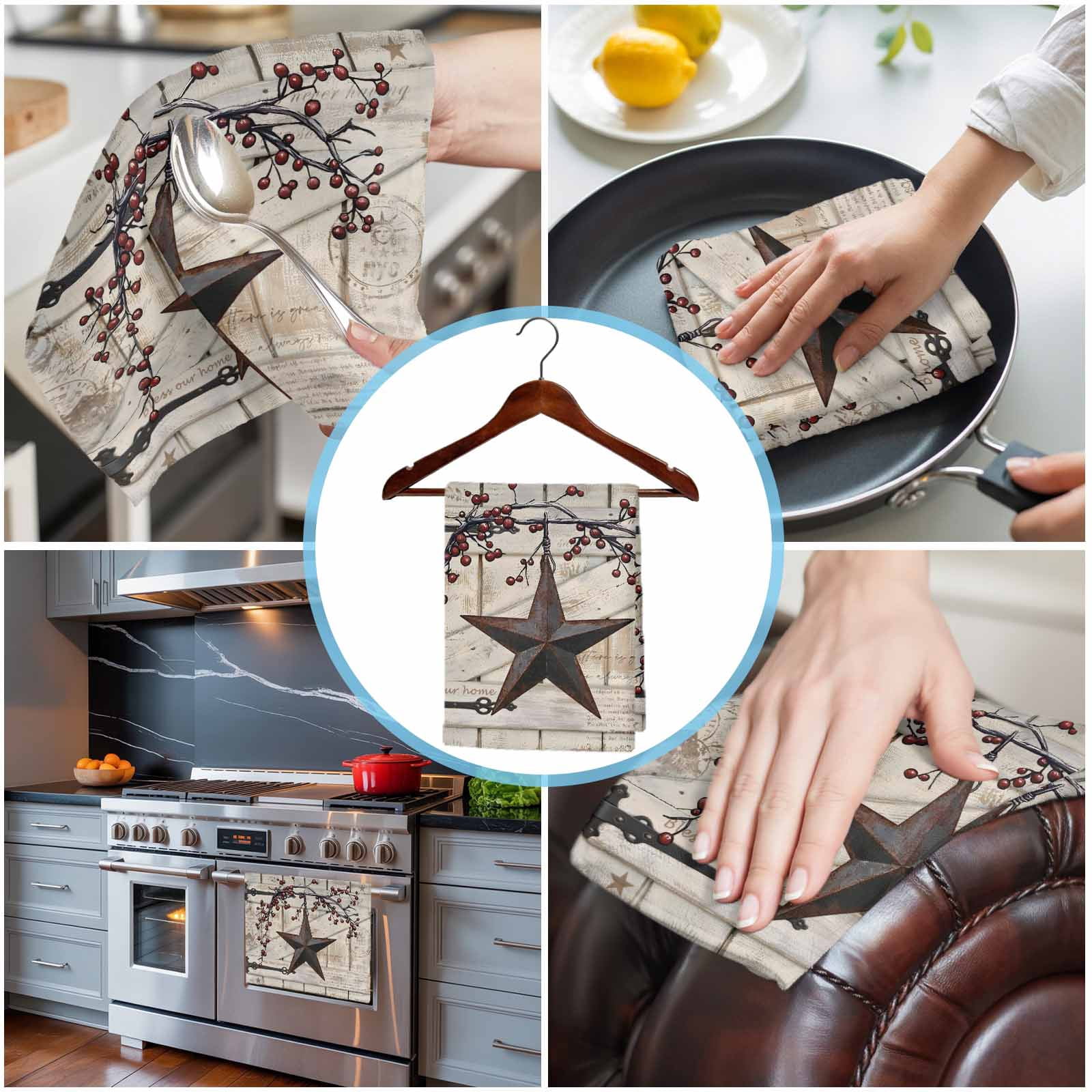 Texas Star Vintage Kitchen Towels Set of 3, Water Absorbent Dish Towel, Brown Retro Berry Beige Wooden Branches Decorative Hand Towels - Quick Drying Cloth for Cooking Baking, 18x28 Inch