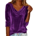 thumbnail image 5 of Ladies Velvet Elegant Drape Front Pleated Collar Three Quarter Sleeve Shirt Blouse Top Loose Fit Holiday Party Cocktail Christmas Festive Gift for Women | CSEONE,Purple L, 5 of 9