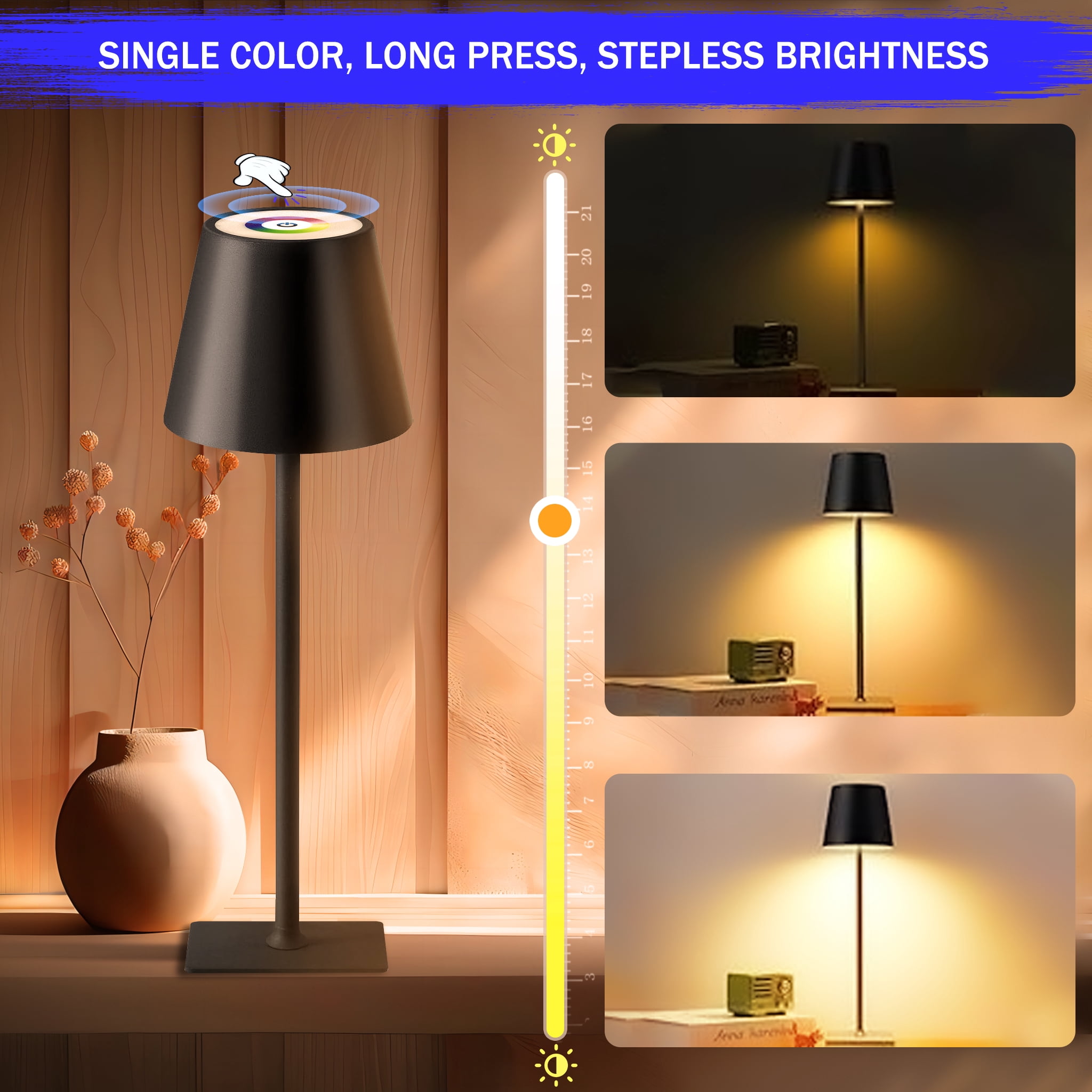 LED Cordless Touch Table Lamp, 4000mAh Large Battery Rechargeable Desk Lamps, Outdoor Wireless RGB Colour Metal Bedside Table Light Lamps with Waterproof Suitable for Bedroom Dining Coffee Outdoor