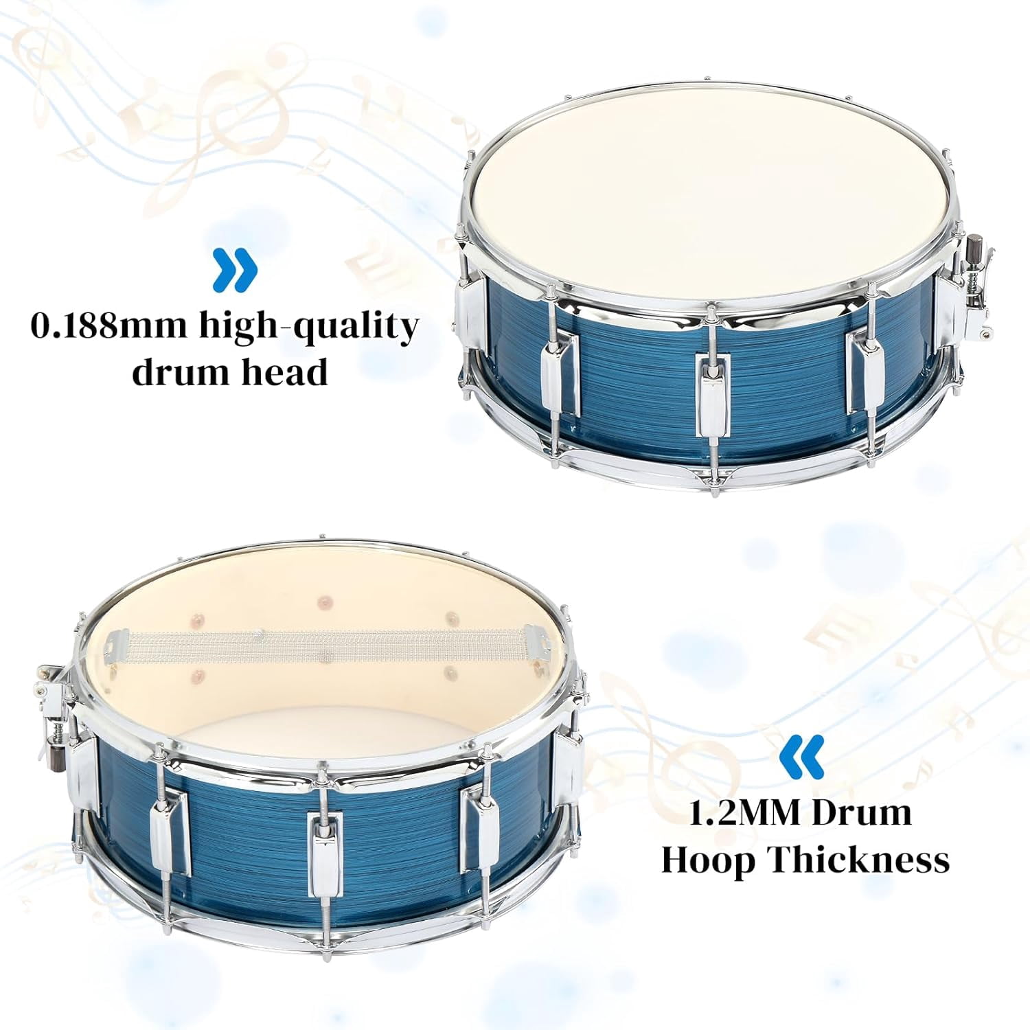 14 x 5.5 inches Snare Drum Set, Marching Snare Drum Kit for Students Beginners, Comes with Stand Sticks, Key, Bag, Mute Pad and Adjustable Straps (Blue)