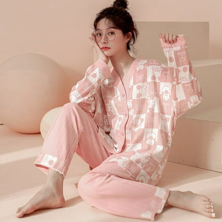 

CoCopeaunt New Pajamas Women Spring Summer Cotton Long Sleeve Long Pants V-neck Cardigan Fashion Simple Homewear Womens Set Summer
