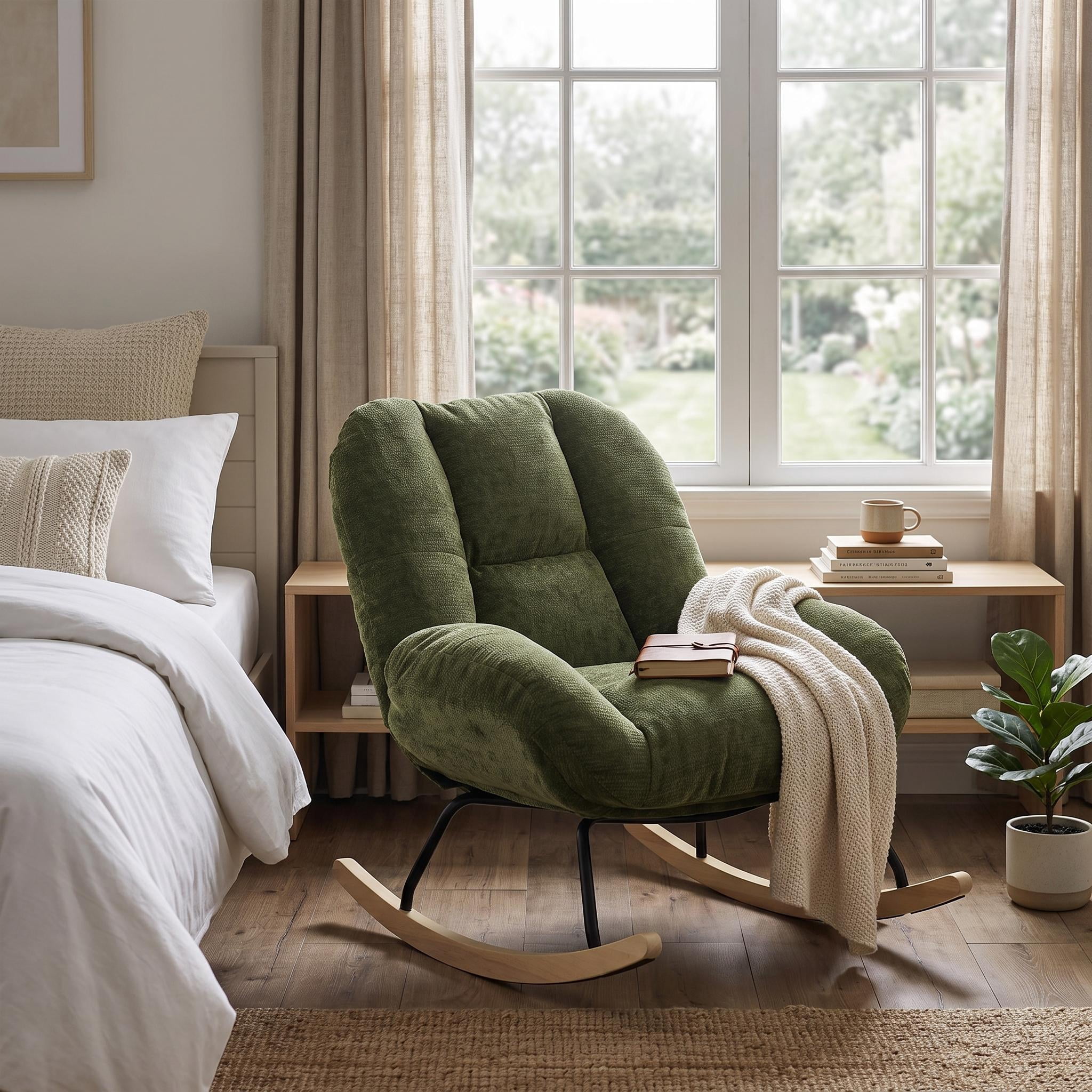 Homy Casa Green Upholstered Rocking Accent Chair, Oversized Lounge Chair with Wood Base