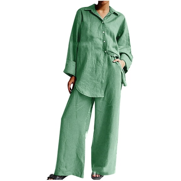 Women Pajama Sets 2 Piece Sleepwear Outfits Oversized Cotton Linen Long Sleeve Button Up Blouses and Full Length Wide Leg Pants (5XL, B Green)