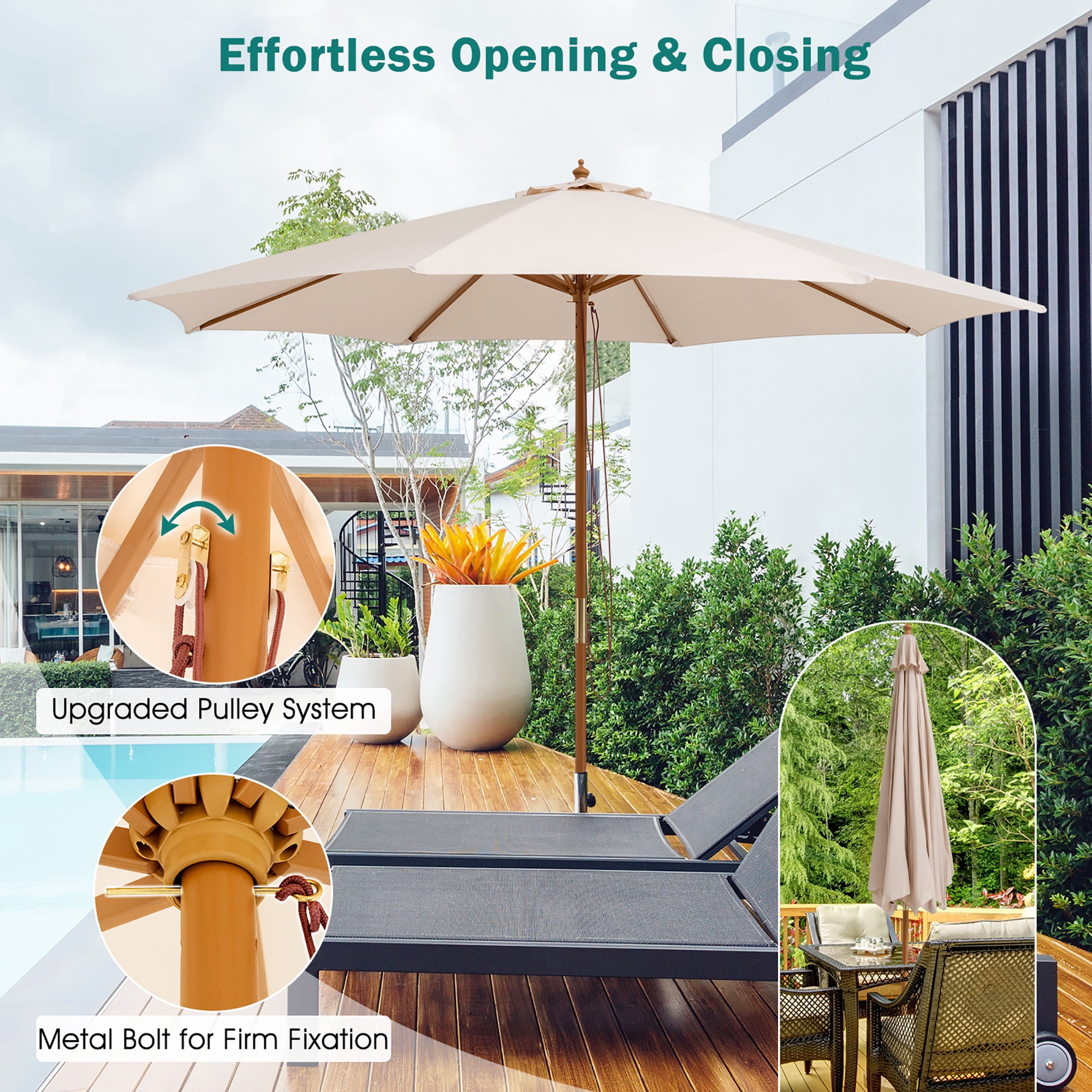 Gymax 10FT Patio Umbrella Table Market Umbrella w/ 8 Bamboo Ribs Pulley Lift & Ventilation Hole