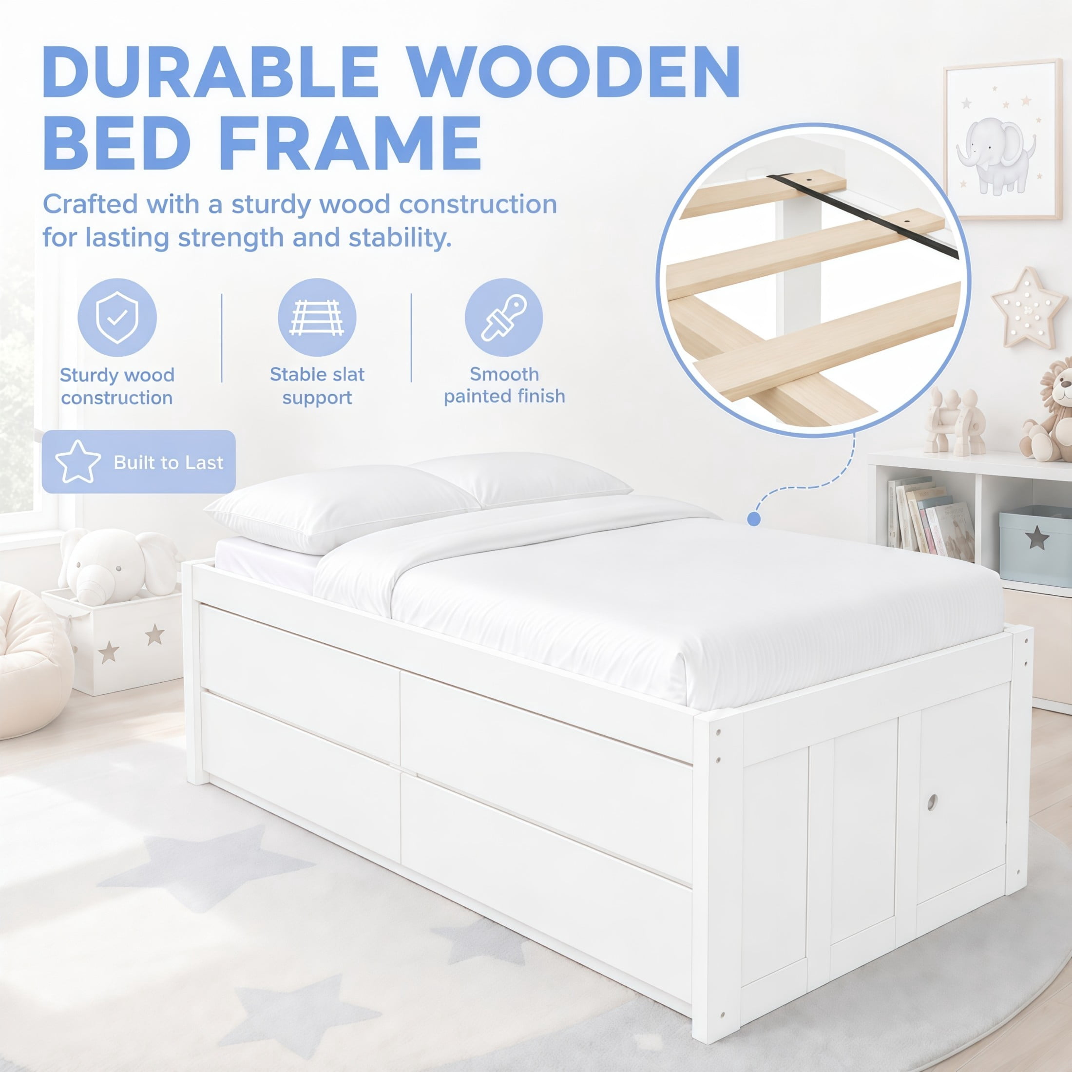 GDF Studio Tyler Twin Size Captain Bed with Storage Drawers & Side Door, Modern Space-Saving Bed for Kids, White