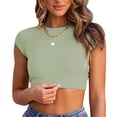 thumbnail image 1 of Bienvenido Blusa corta sin espalda con cordones y cuello redondo entrecruzado Color puro Blusa elástica con cordón en la espalda Top para mujer Verde S, 1 of 8