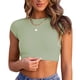 thumbnail image 1 of Blusa corta sin espalda con cordones cuello redondo entrecruzado color puro blusa elástica con cordón trasero para mujer verde S, 1 of 8