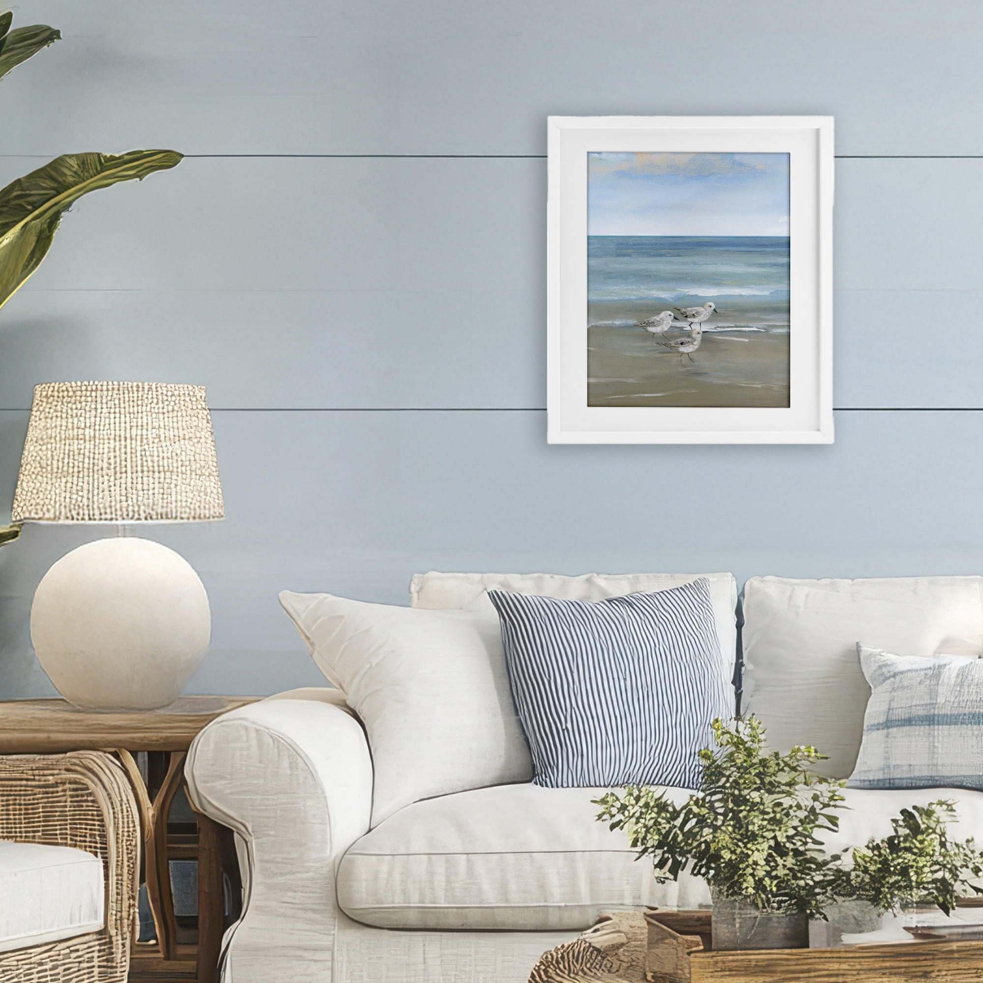 Stupell Industries Three Shorebirds & Gentle Waves White Framed Print Under Glass, design by Nan