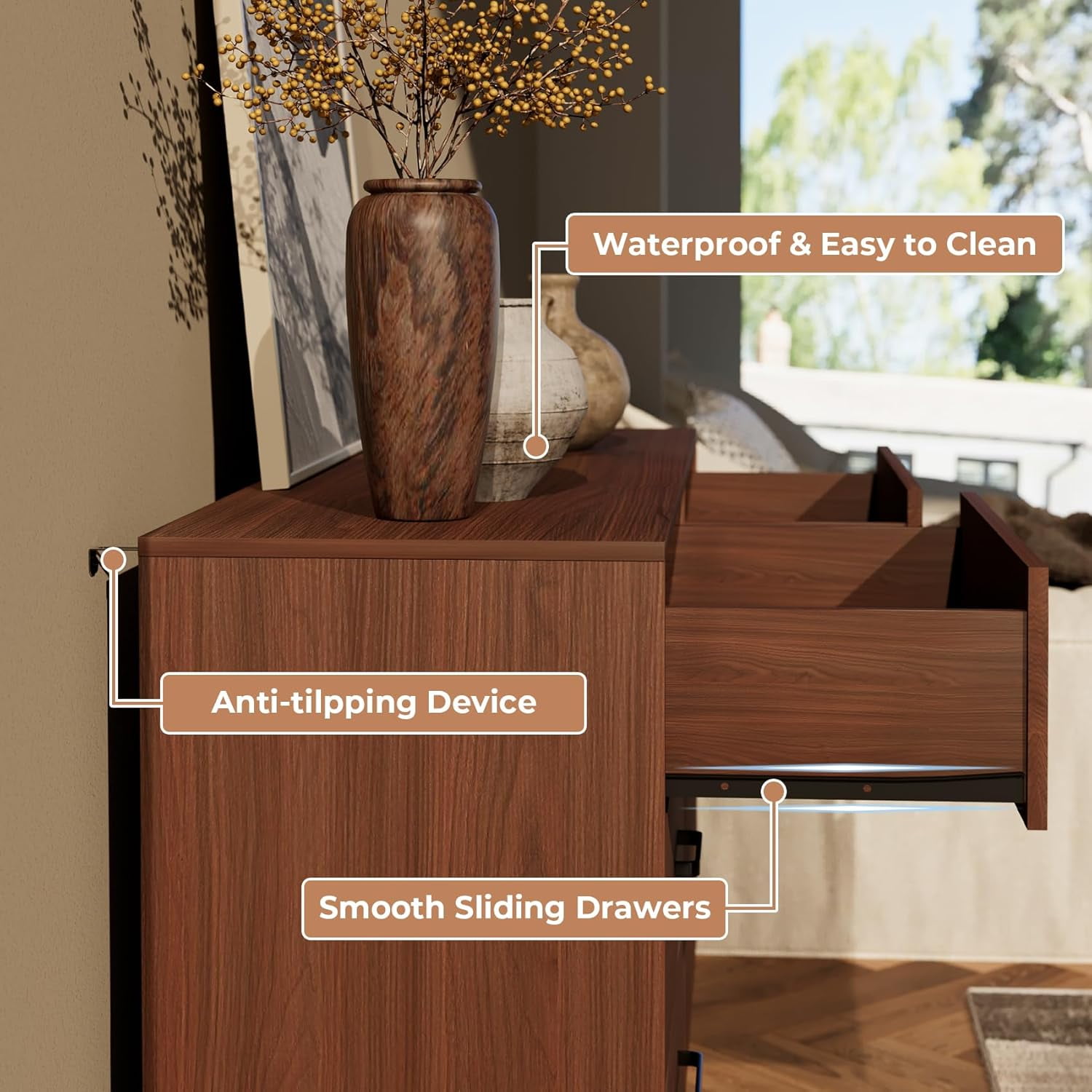 Meteorleg 6 Drawer Dresser for Bedroom, Wood Walnut Dresser with Wide Drawers and Metal Handles,Modern Dresser Chest for Bedroom,Living Room,Entryway