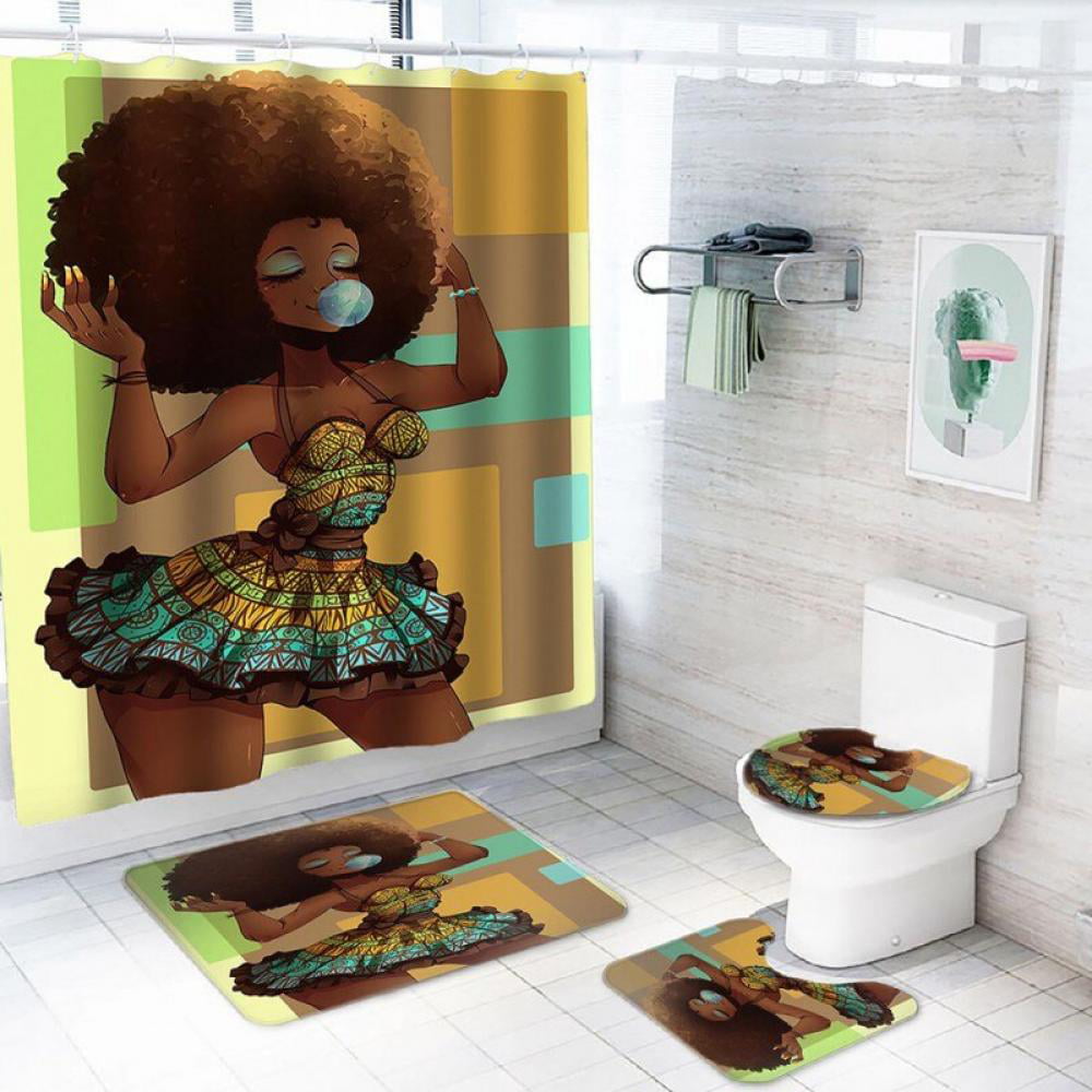 Details about   African Woman Bathroom Rug Set Shower Curtain Non-Slip Toilet Lid Cover Bath Mat 