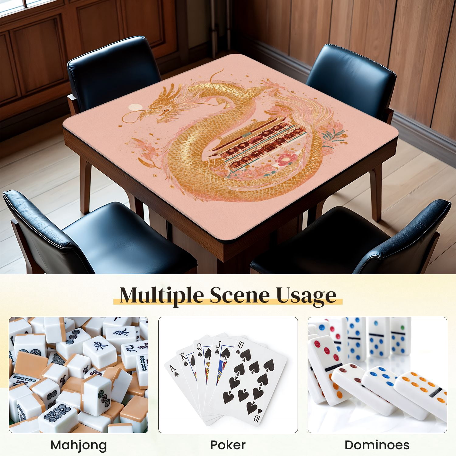 Chinoiserie Mahjong Mat 31.5" x 31.5" Traditional Chinese Temple Gold Scaled Dragon Non-Slip Noise Reduction Mahjong Tiles Table Cover for Dominoes Poker Card Board and Tile Games
