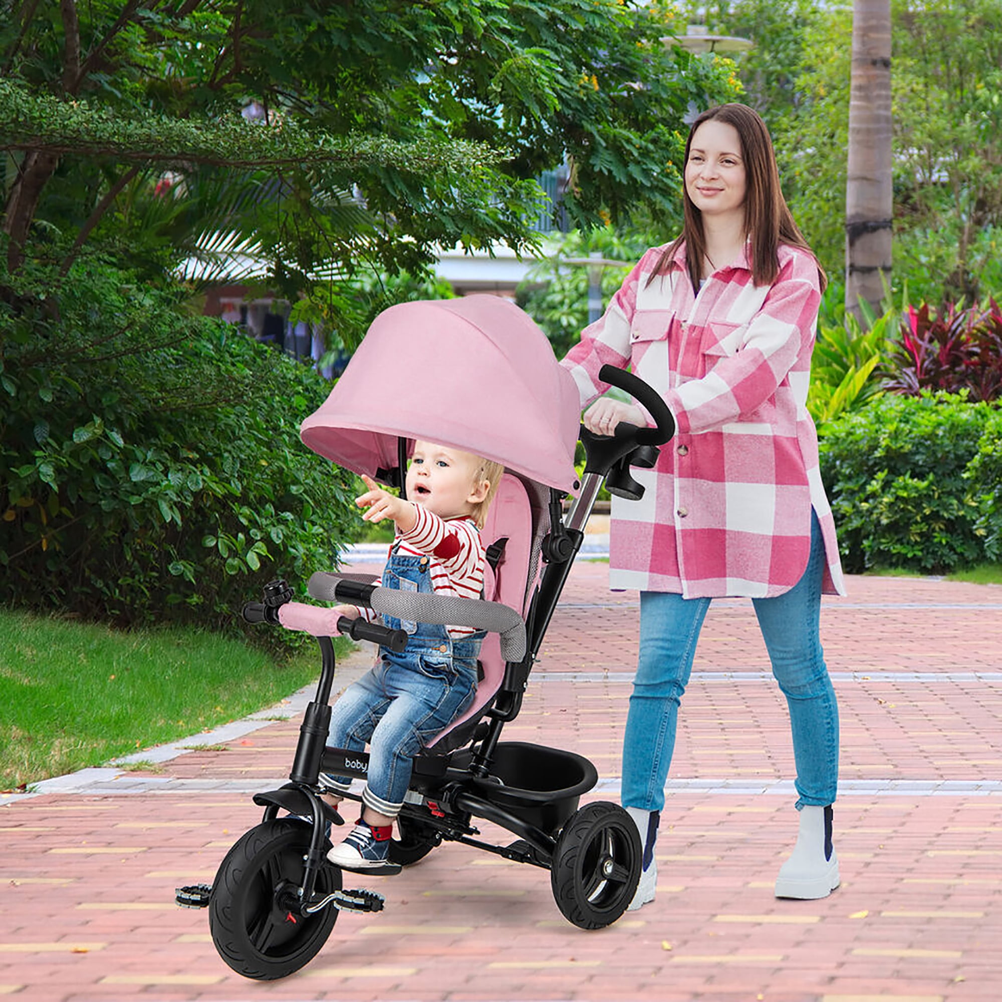 Gymax 4-in-1 Baby Tricycle Toddler Trike w/ Reversible Seat Canopy & Push Handle Pink