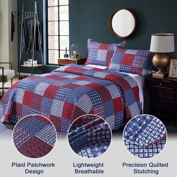 Green Essen Plaid Patchwork Quilt Set Queen/Full Size Buffalo Plaid Bedspread Patchwork Quilt Lightweight Coverlet Reversible Bedding Set with Pillow Shams(Red Blue)