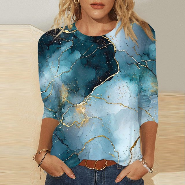 UPPADA Blouses Grande Taille pour Femmes Manches 3/4 Imprimé Floral Teinture Tee-Shirts Décontractés Tendance Col Rond Confortable Pull Tops Blouses Mignonnes Tops d'Été pour Femmes Manches 3/4 en Solde