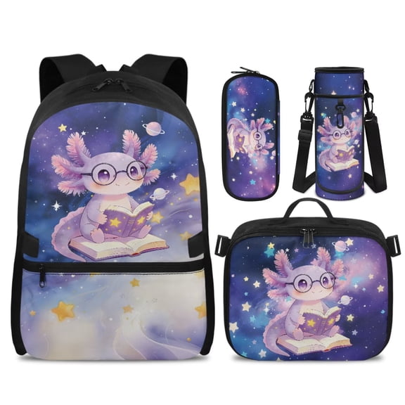 KUIFORTI Purple Axolotl School Bag with Lunch Bag, 4Pcs Kids Backpack Set for Teens Elementary Middle School, Boys Girls Bookbag with Pencil Bags Water Bottle Sleeve School Supplies