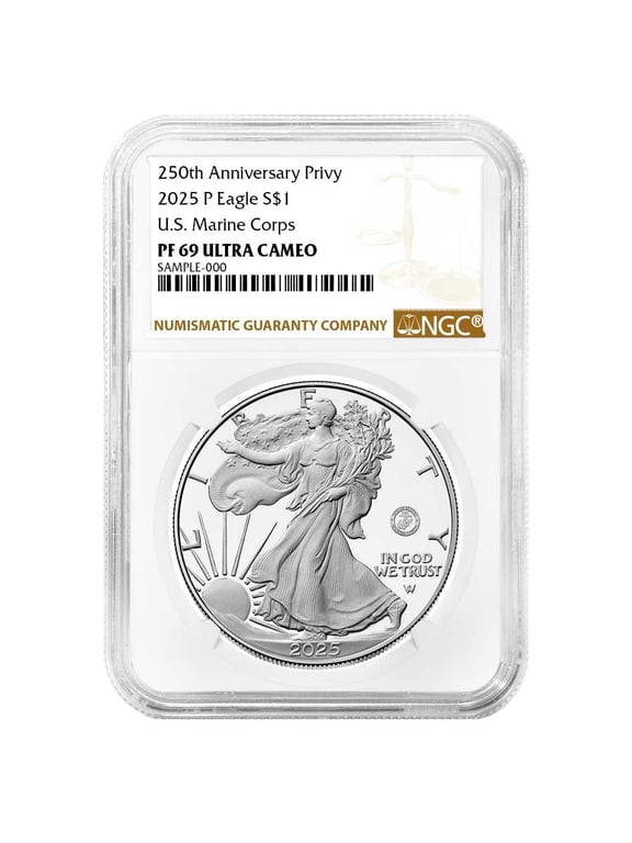 2025-P $1 1-oz Proof American Silver Eagle Marine Corps Privy NGC PF69UC Brown Label 250th Anniversary