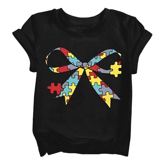 CPNG Children's Girls and Boys T Shirt Autism Awareness Bow Puzzle Print Loose Fit Tees Summer Casual Crew Neck Short Sleeve T-Shirt