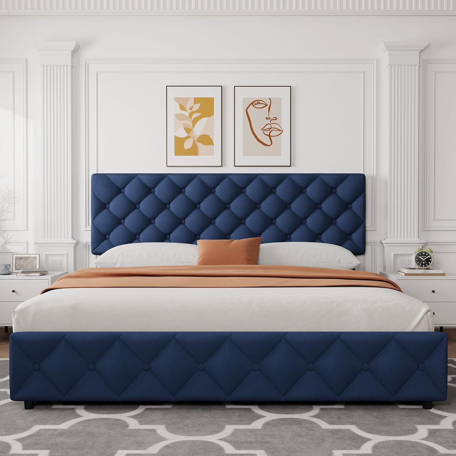 Eastvita King Size Bed Frame with 4 Storage Drawers & Adjustable Headboard, Blue