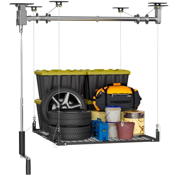 GIOTORENT Overhead Garage Storage Lift, 4' x 4' Heavy Duty Ceiling Mounted Manual Pulley Hoist, 400 lbs Capacity Storage Rack