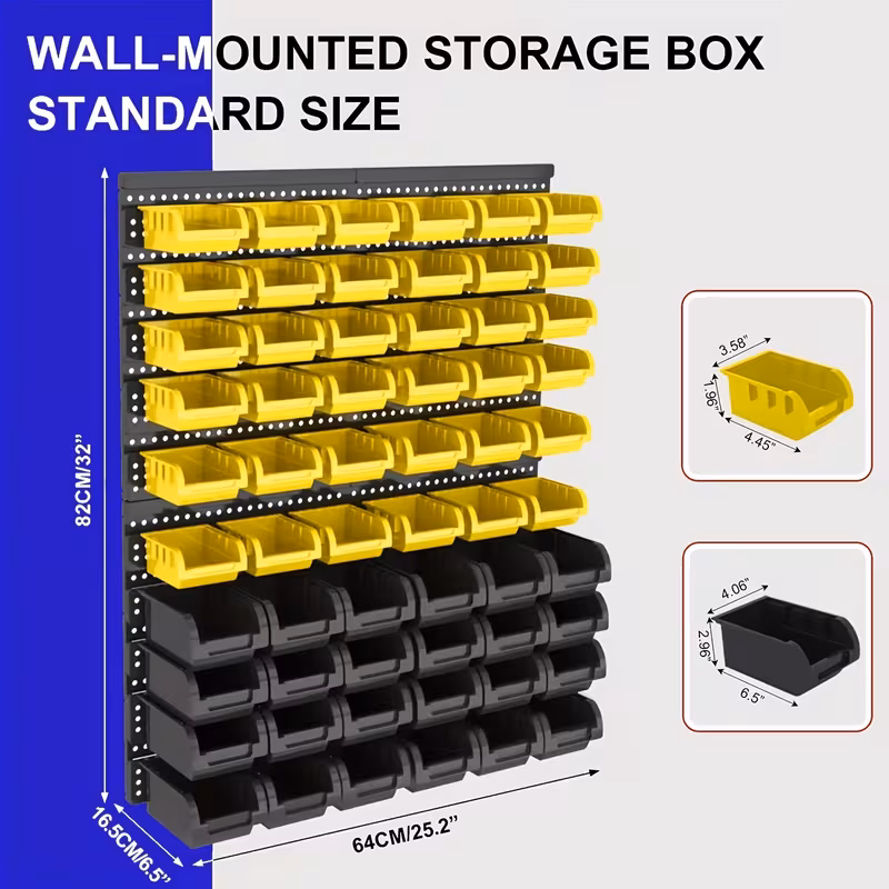 Wall-Mounted Storage Rack System with Bins and Brackets - 60 Pcs Heavy Duty Garage & Workshop Tool Organizer, Stackable for Screws, Nuts, Bolts, Nails, Beads & Small Hardware, Easy Installation