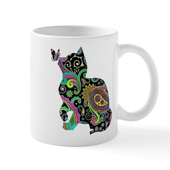 CafePress - Paisley Cat And Butterfly Mugs - 11 oz Ceramic Mug - Novelty Coffee Tea Cup