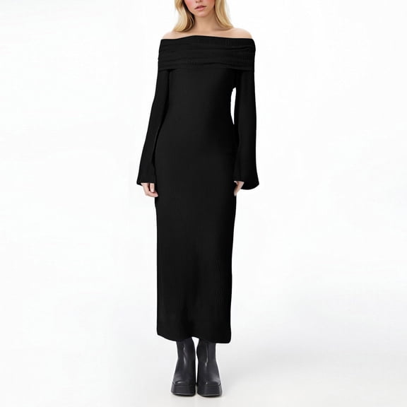 Women's Fall Off Shoulder Bodycon Sweater Dress - Formal Long Sleeve Elegant Party Midi Maxi Dresses